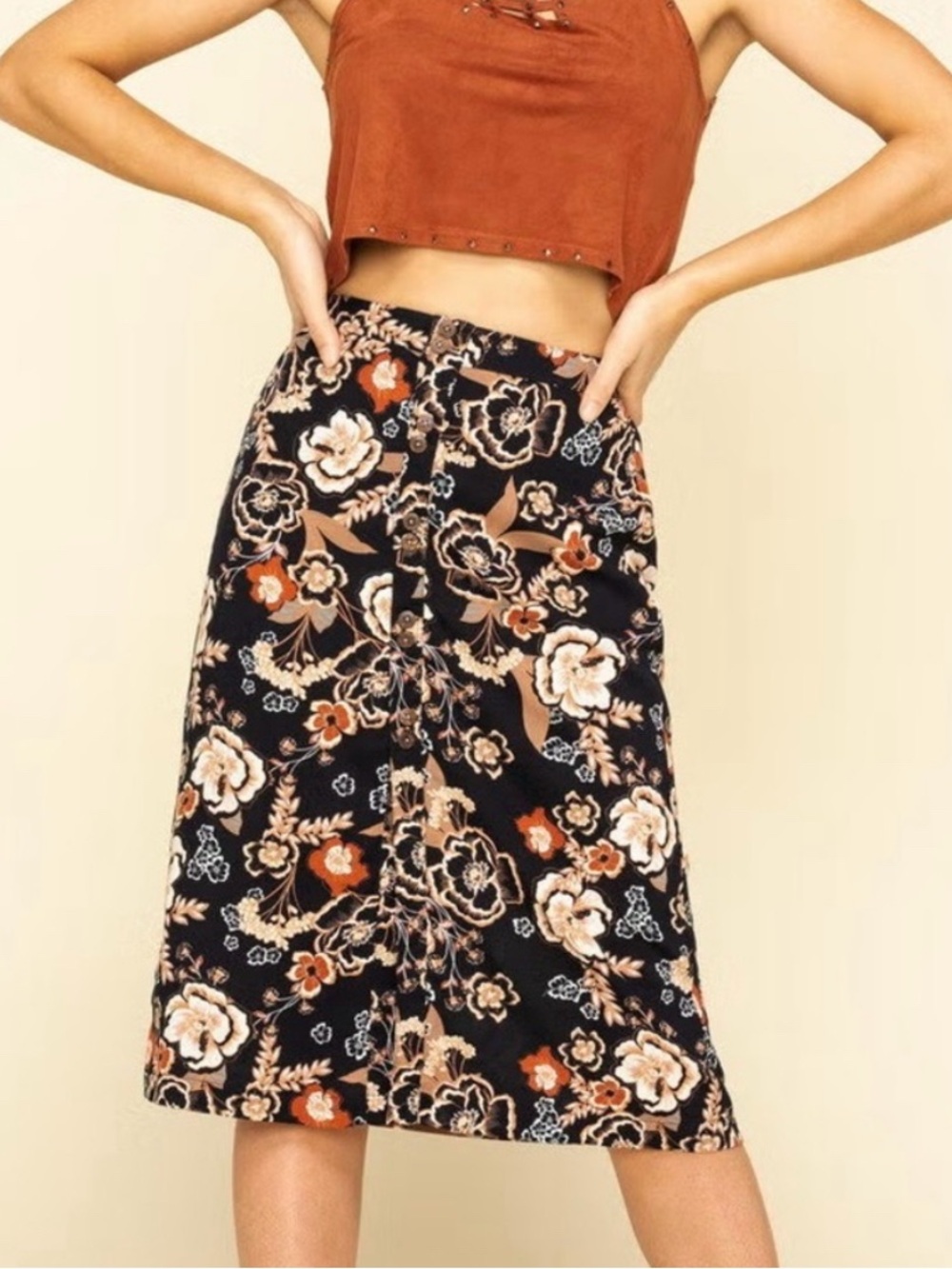Shyanne Black Floral Button-Front Midi Skirt with Tan and Rust Accents